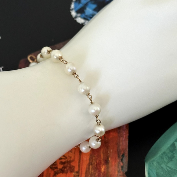 Vintage 14K Yellow Gold Genuine Pearl 6MM Cream Station Bracelet 6.5" - Picture 12 of 14